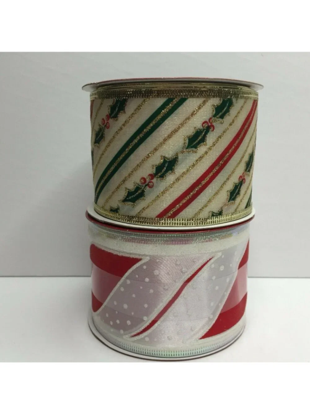 Santas Workshop Candy Cane Green Holly Striped Craft Ribbon Christmas Wreath 2.5
